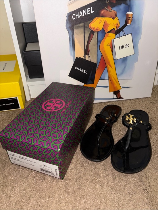 Tory Burch Shoes - Tory Burch Black Patent Logo Thong Sandals with Gold Emblem (Jelly)